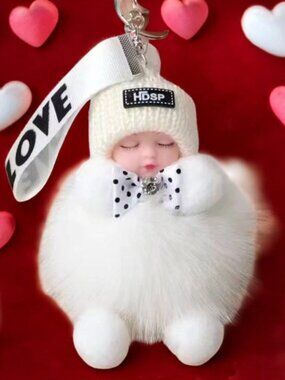 🔥Adorable Sleeping Baby Fluffy Fur White Pom Pom Charm Keychain Cute Gift